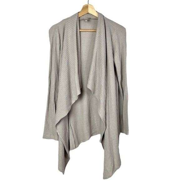 LaJu Gray Waffle Thermal Knit Waterfall Lightweight Cardigan Sweater M - Picture 1 of 3